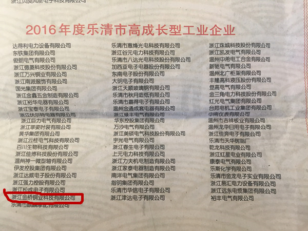 2016年度樂清市成長(zhǎng)型工業(yè)企業(yè)——金橋銅業(yè)